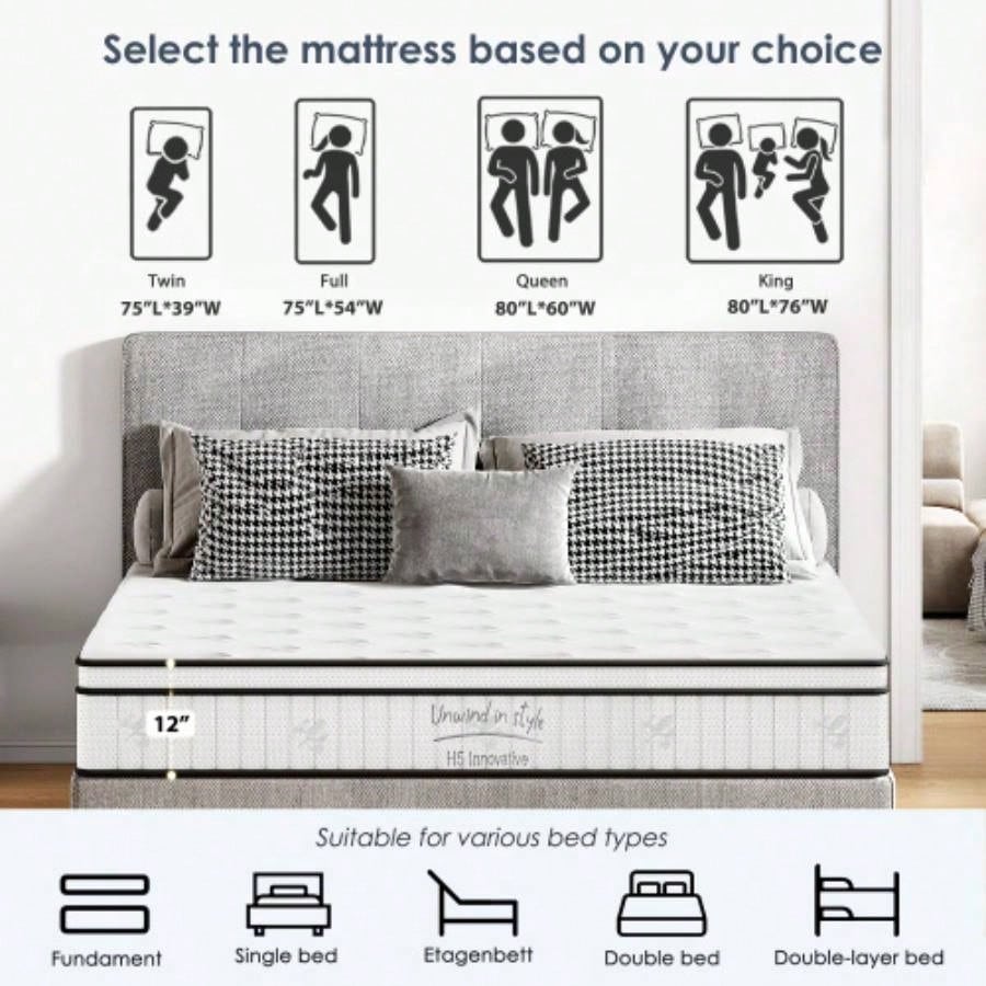 Size Mattress, 12 Inch Hybrid Mattress, Individually Pocketed Innerspring, Medium FirmQueen