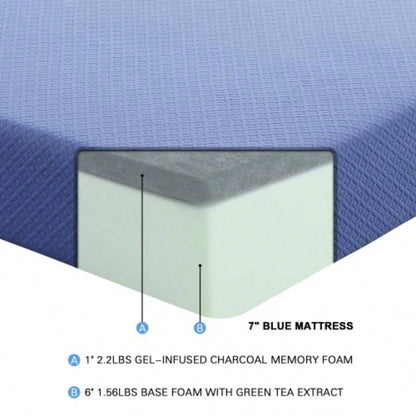 7inch Twin Mattress and Pillow Set Breathable Fabric Gel - Infused Foam Mattress, Blue, Mattress in a Box