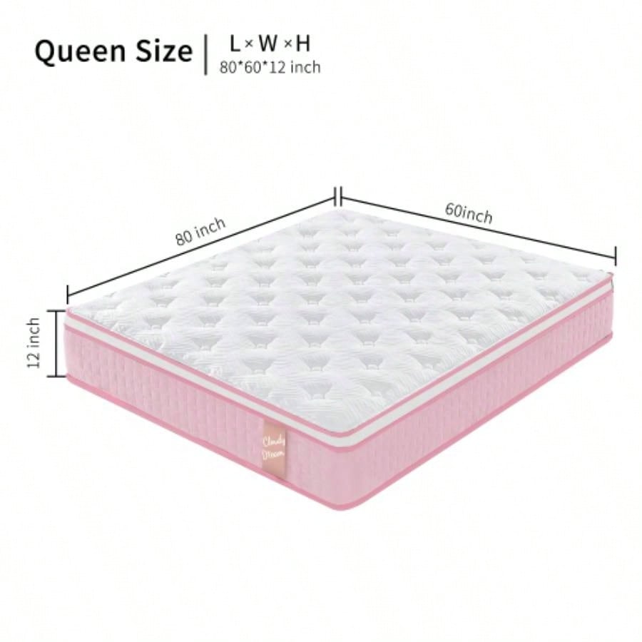 12 Inch Hybrid Mattress Individual Pocket Spring Foam Cool Knitted Cover CertiPUR - US Pink