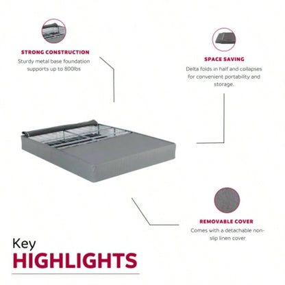 9 in. Twin - XL Size Folding Mattress Box Spring Foundation Bed Base, Polyester, Metal Frame, Gray