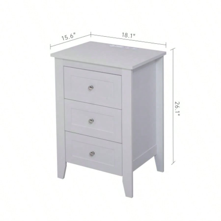 White 3 Drawer Nightstand with Charging Station and USB Ports Power Outlets, Wooden Bed Side Table/End Table Modern Night Stands Bedrooms