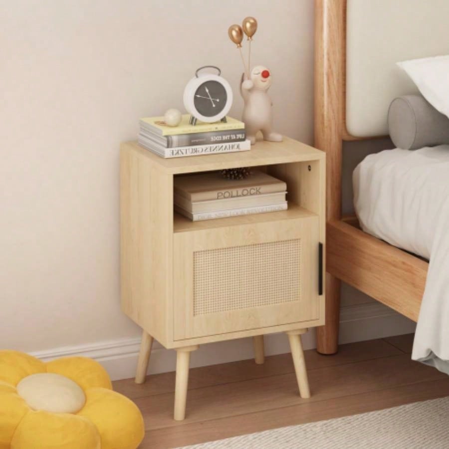 22.83 H Rattan Nightstand, Side Table with Door Open Shelf, Accent Bedside End Table with Solid Wood Bedroom, Dorm and Small Spaces, Oak