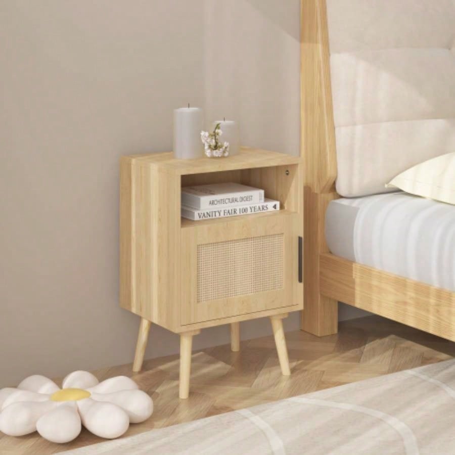 22.83 H Rattan Nightstand, Side Table with Door Open Shelf, Accent Bedside End Table with Solid Wood Bedroom, Dorm and Small Spaces, Oak
