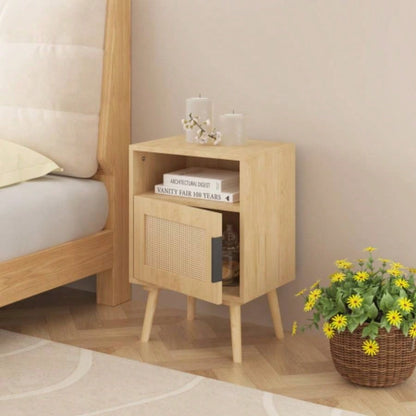 22.83 H Rattan Nightstand, Side Table with Door Open Shelf, Accent Bedside End Table with Solid Wood Bedroom, Dorm and Small Spaces, Oak