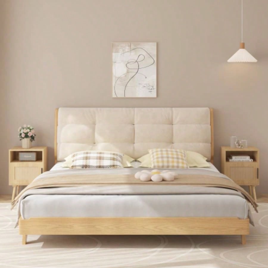 22.83 H Rattan Nightstand, Side Table with Door Open Shelf, Accent Bedside End Table with Solid Wood Bedroom, Dorm and Small Spaces, Oak
