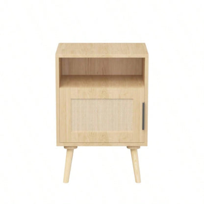 22.83 H Rattan Nightstand, Side Table with Door Open Shelf, Accent Bedside End Table with Solid Wood Bedroom, Dorm and Small Spaces, Oak
