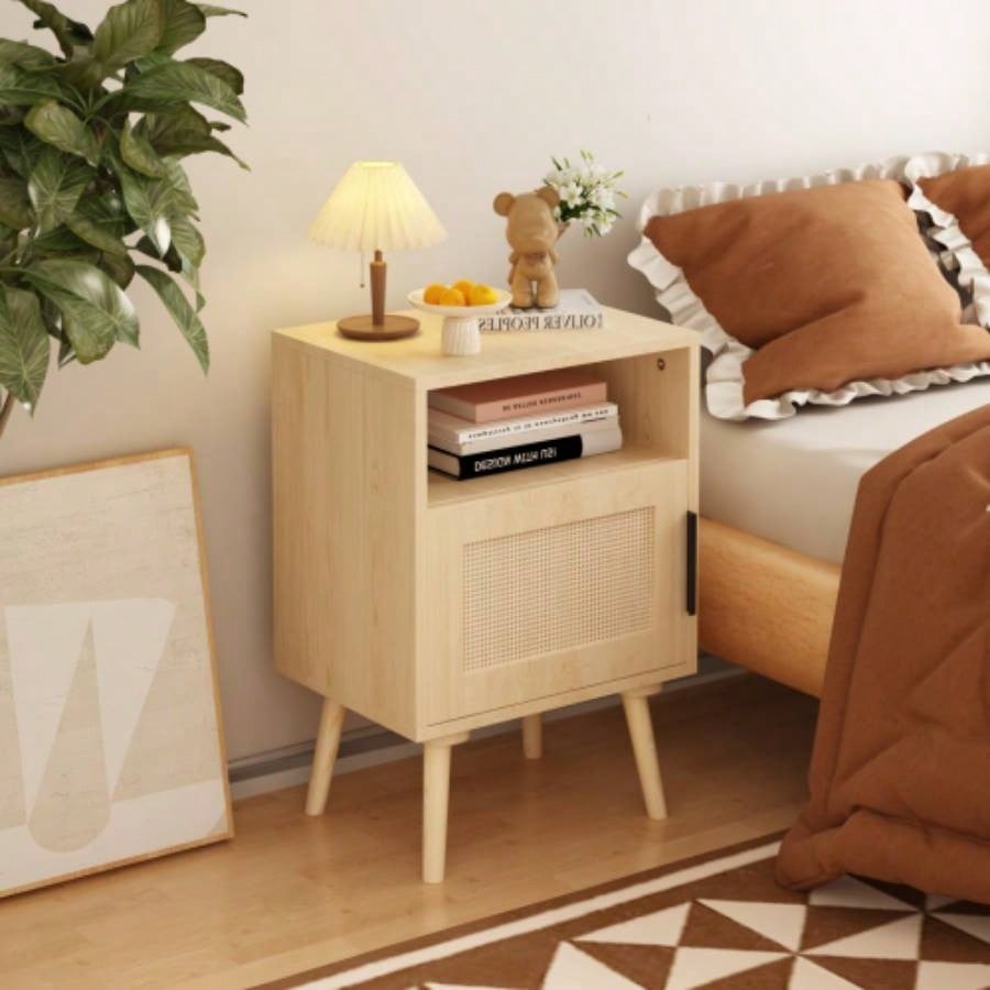 22.83 H Rattan Nightstand, Side Table with Door Open Shelf, Accent Bedside End Table with Solid Wood Bedroom, Dorm and Small Spaces, Oak