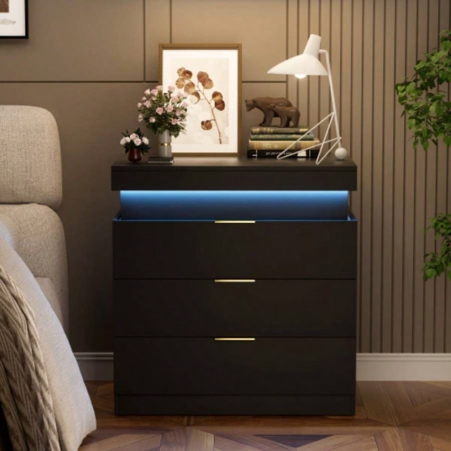 Nightstand with Charging Station and LED Lights, Night Stand with Sliding Top Bedroom, Bedside Table with Drawers, Modern End Side Table, Black. 28.8x 17Dx 30.5H.