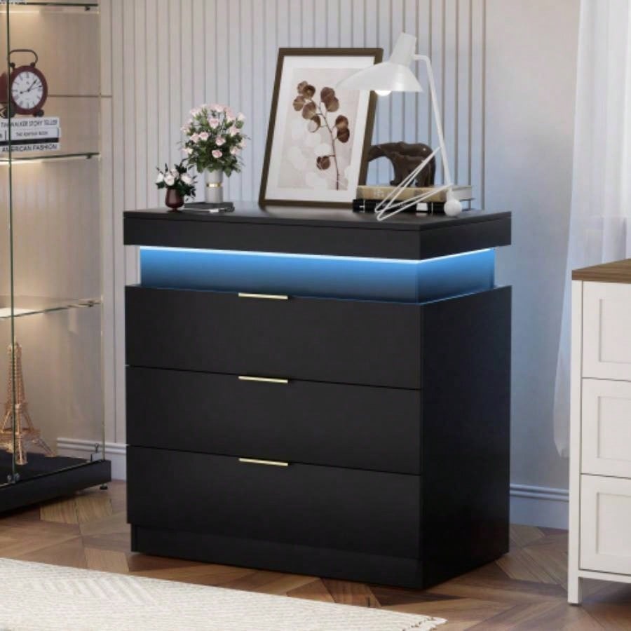Nightstand with Charging Station and LED Lights, Night Stand with Sliding Top Bedroom, Bedside Table with Drawers, Modern End Side Table, Black. 28.8x 17Dx 30.5H.