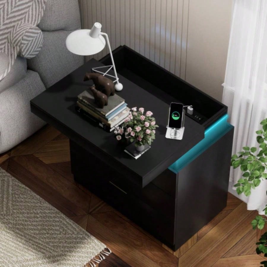 Nightstand with Charging Station and LED Lights, Night Stand with Sliding Top Bedroom, Bedside Table with Drawers, Modern End Side Table, Black. 28.8x 17Dx 30.5H.