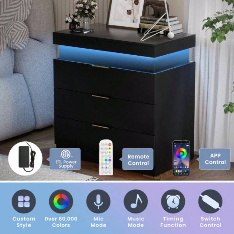 Nightstand with Charging Station and LED Lights, Night Stand with Sliding Top Bedroom, Bedside Table with Drawers, Modern End Side Table, Black. 28.8x 17Dx 30.5H.