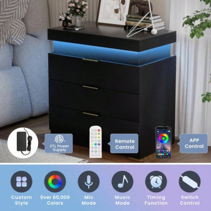 Nightstand with Charging Station and LED Lights, Night Stand with Sliding Top Bedroom, Bedside Table with Drawers, Modern End Side Table, Black. 28.8x 17Dx 30.5H.