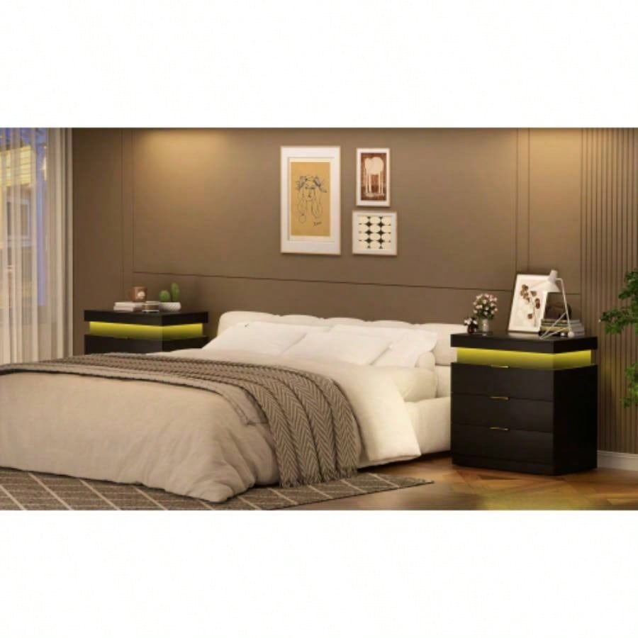 Nightstand with Charging Station and LED Lights, Night Stand with Sliding Top Bedroom, Bedside Table with Drawers, Modern End Side Table, Black. 28.8x 17Dx 30.5H.