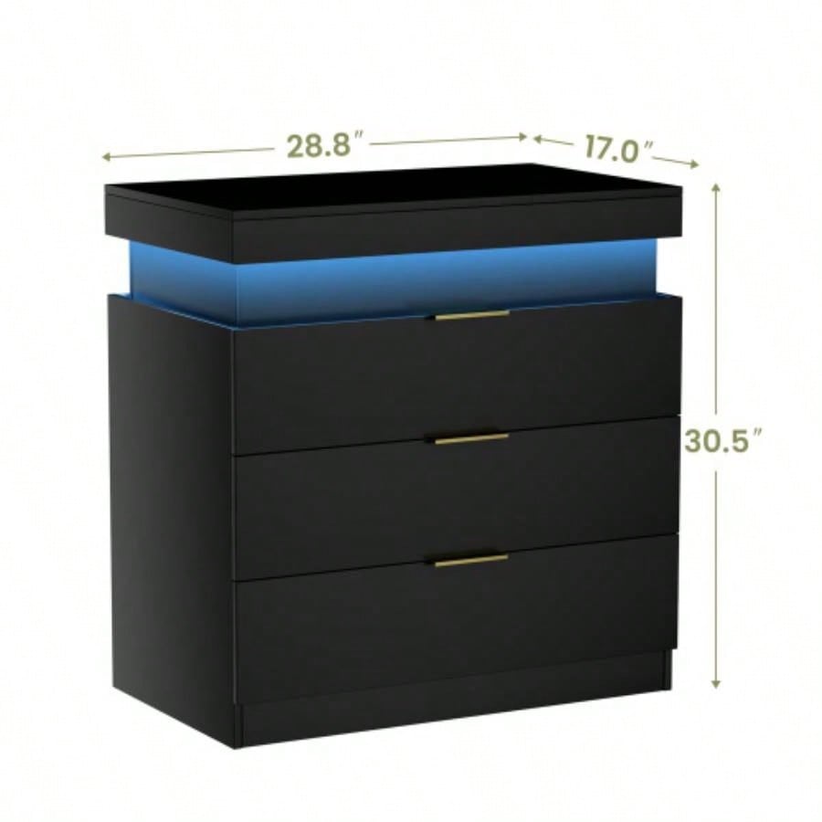 Nightstand with Charging Station and LED Lights, Night Stand with Sliding Top Bedroom, Bedside Table with Drawers, Modern End Side Table, Black. 28.8x 17Dx 30.5H.