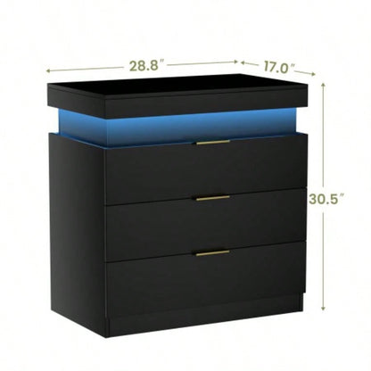 Nightstand with Charging Station and LED Lights, Night Stand with Sliding Top Bedroom, Bedside Table with Drawers, Modern End Side Table, Black. 28.8x 17Dx 30.5H.