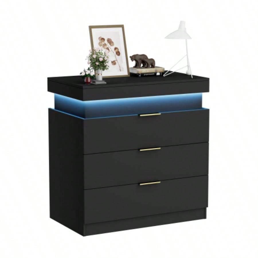 Nightstand with Charging Station and LED Lights, Night Stand with Sliding Top Bedroom, Bedside Table with Drawers, Modern End Side Table, Black. 28.8x 17Dx 30.5H.
