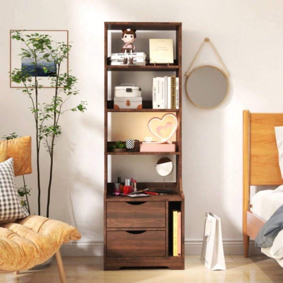 Night Stand with Bookshelf, Night Stand with 2 Storage Drawers Bedroom