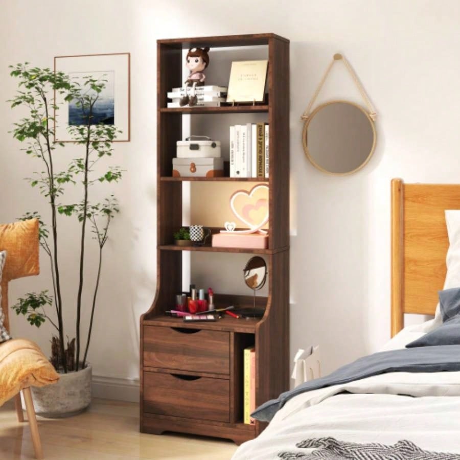 Night Stand with Bookshelf, Night Stand with 2 Storage Drawers Bedroom