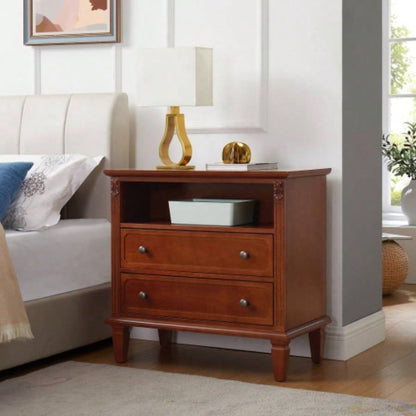 Open Space and 2 Drawers Dresser Nightstand with Charging Station, Farmhouse End Table with USB Ports and Outlets, Fluted Pilasters Design Side Table with Solid Wood Bedroom