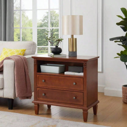 Open Space and 2 Drawers Dresser Nightstand with Charging Station, Farmhouse End Table with USB Ports and Outlets, Fluted Pilasters Design Side Table with Solid Wood Bedroom