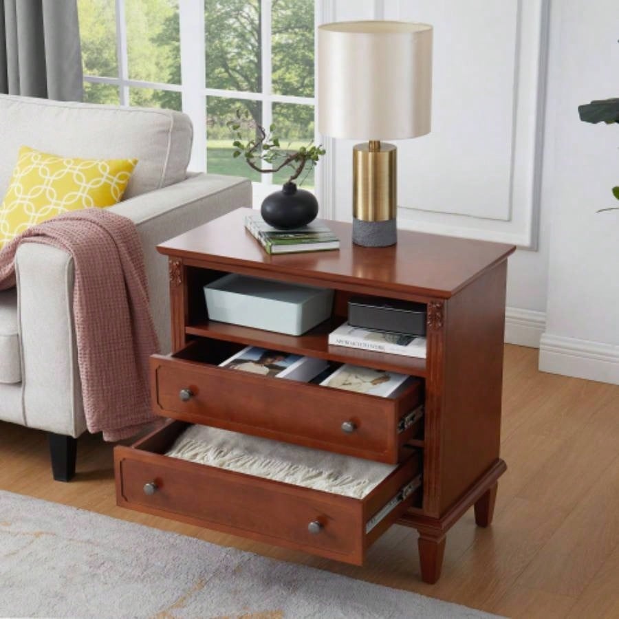 Open Space and 2 Drawers Dresser Nightstand with Charging Station, Farmhouse End Table with USB Ports and Outlets, Fluted Pilasters Design Side Table with Solid Wood Bedroom
