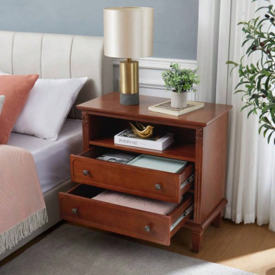Open Space and 2 Drawers Dresser Nightstand with Charging Station, Farmhouse End Table with USB Ports and Outlets, Fluted Pilasters Design Side Table with Solid Wood Bedroom
