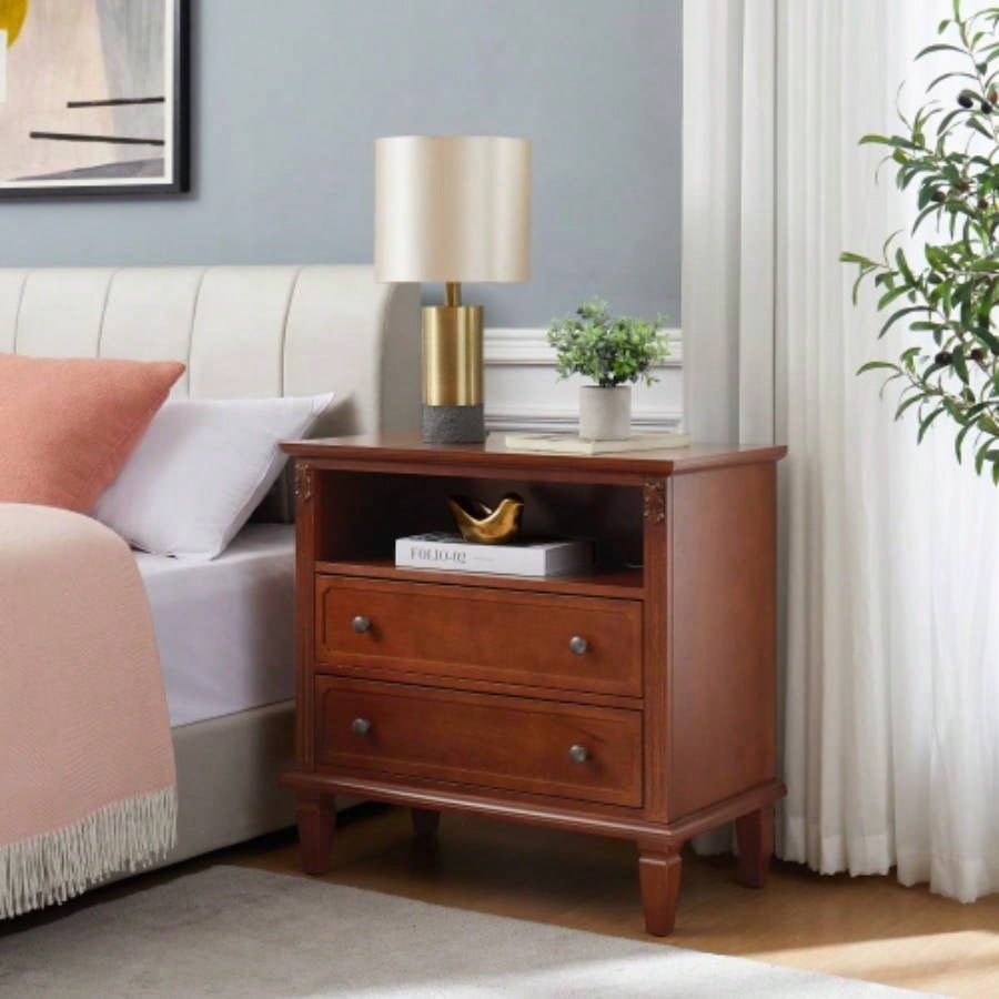 Open Space and 2 Drawers Dresser Nightstand with Charging Station, Farmhouse End Table with USB Ports and Outlets, Fluted Pilasters Design Side Table with Solid Wood Bedroom