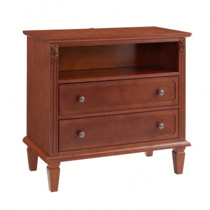 Open Space and 2 Drawers Dresser Nightstand with Charging Station, Farmhouse End Table with USB Ports and Outlets, Fluted Pilasters Design Side Table with Solid Wood Bedroom