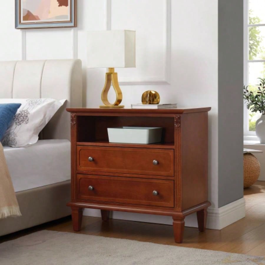 Open Space and 2 Drawers Dresser Nightstand with Charging Station, Farmhouse End Table with USB Ports and Outlets, Fluted Pilasters Design Side Table with Solid Wood Bedroom
