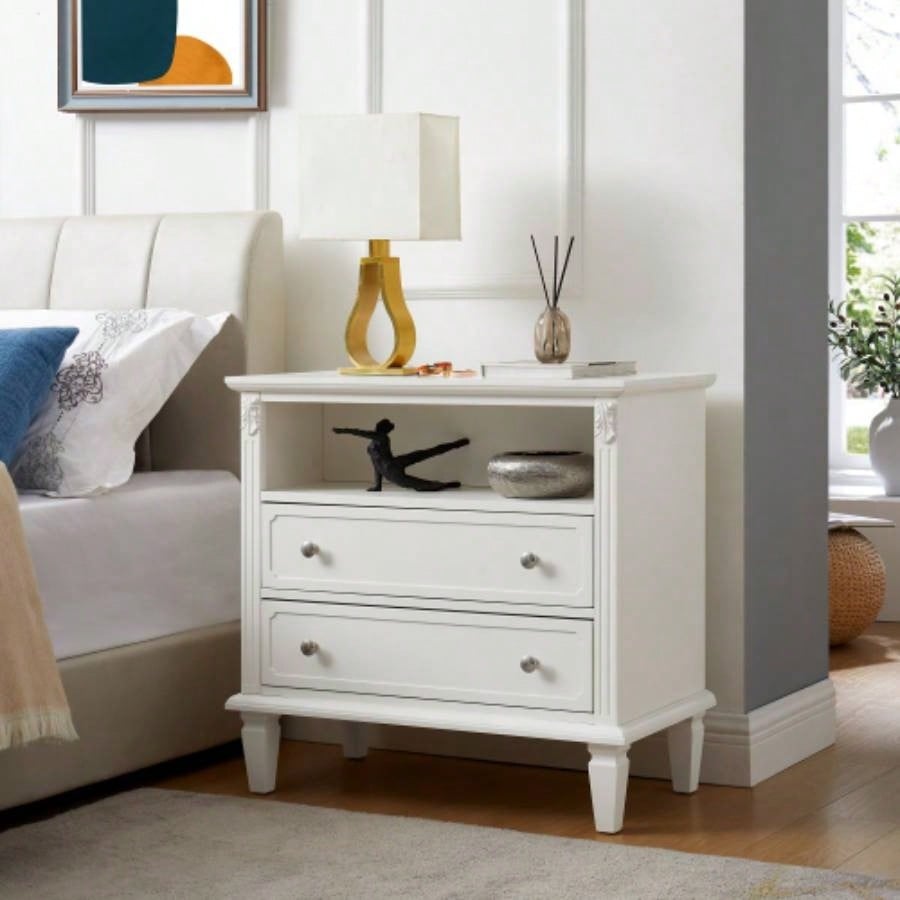 Open Space and 2 Drawers Dresser Nightstand with Charging Station, Farmhouse End Table with USB Ports and Outlets, Fluted Pilasters Design Side Table with Solid Wood Bedroom