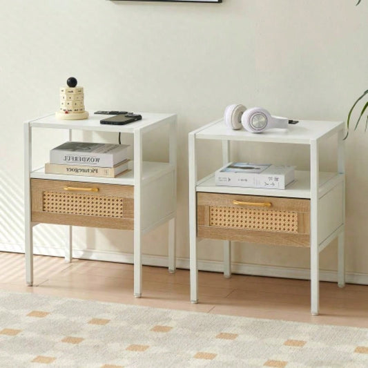Set of 2, 15.75 Rattan End table with Power Outlet USB Ports, Modern nightstand with drawer and metal, side table living room, bedroom, white