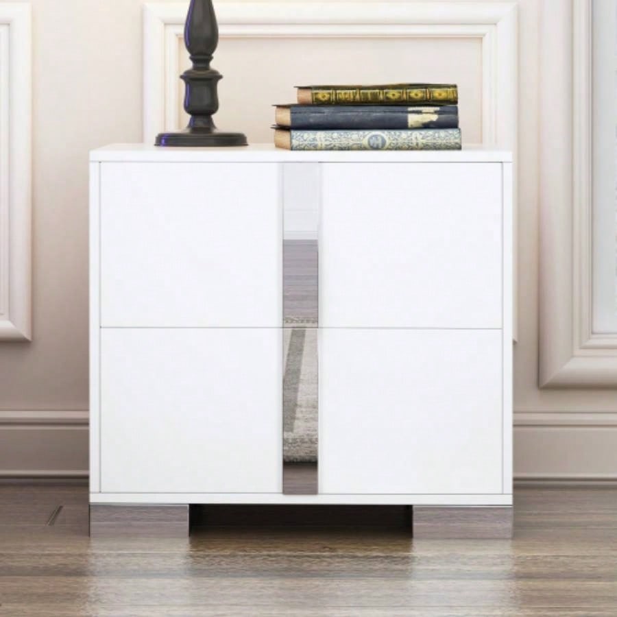 Elegant Nightstand with Metal Handle, Mirrored Bedside Table with 2 Drawers Bedroom, Living Room, White Old SKU: WF319353AAK