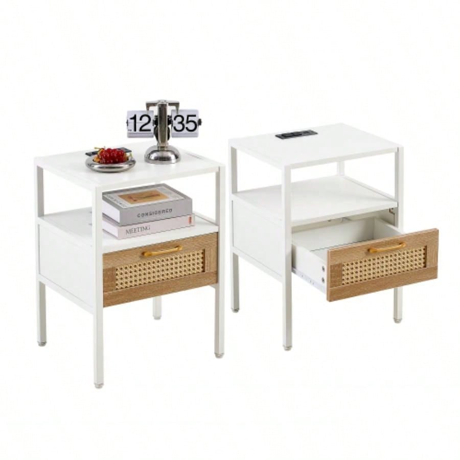Set of 2, 15.75 Rattan End table with Power Outlet USB Ports, Modern nightstand with drawer and metal, side table living room, bedroom, white