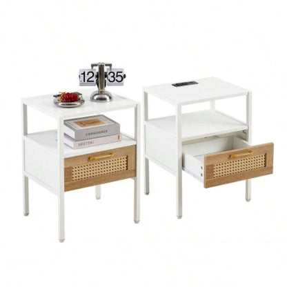 Set of 2, 15.75 Rattan End table with Power Outlet USB Ports, Modern nightstand with drawer and metal, side table living room, bedroom, white