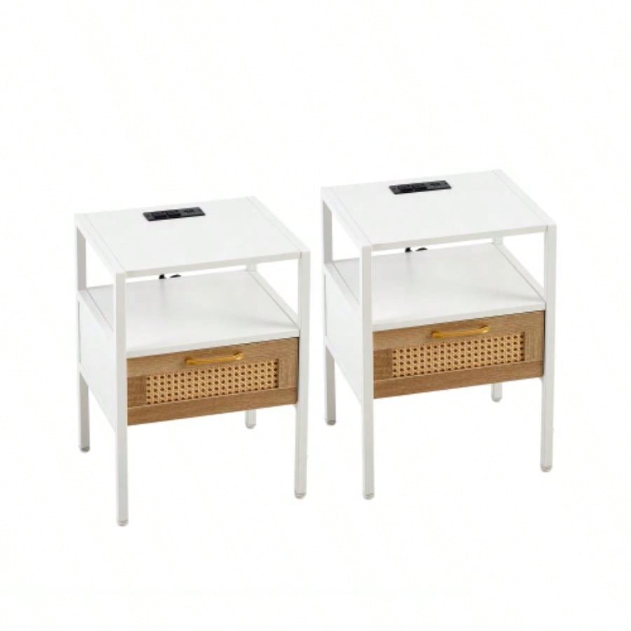 Set of 2, 15.75 Rattan End table with Power Outlet USB Ports, Modern nightstand with drawer and metal, side table living room, bedroom, white