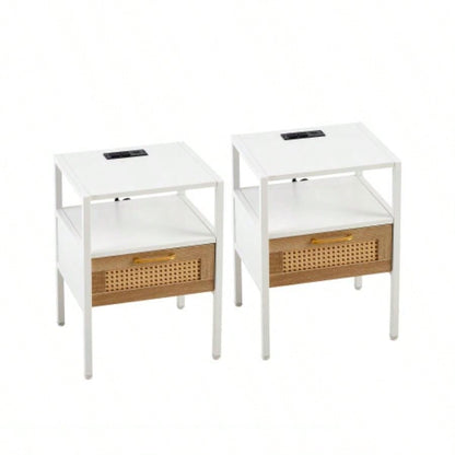 Set of 2, 15.75 Rattan End table with Power Outlet USB Ports, Modern nightstand with drawer and metal, side table living room, bedroom, white