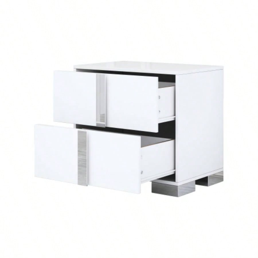 Elegant Nightstand with Metal Handle, Mirrored Bedside Table with 2 Drawers Bedroom, Living Room, White Old SKU: WF319353AAK