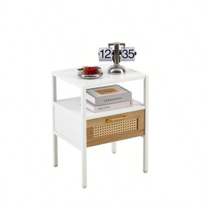 Set of 2, 15.75 Rattan End table with Power Outlet USB Ports, Modern nightstand with drawer and metal, side table living room, bedroom, white
