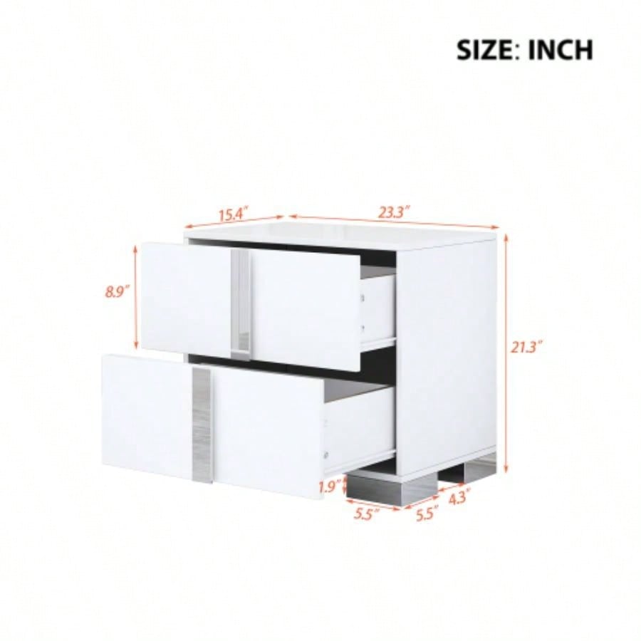 Elegant Nightstand with Metal Handle, Mirrored Bedside Table with 2 Drawers Bedroom, Living Room, White Old SKU: WF319353AAK