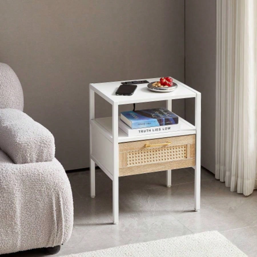 Set of 2, 15.75 Rattan End table with Power Outlet USB Ports, Modern nightstand with drawer and metal, side table living room, bedroom, white
