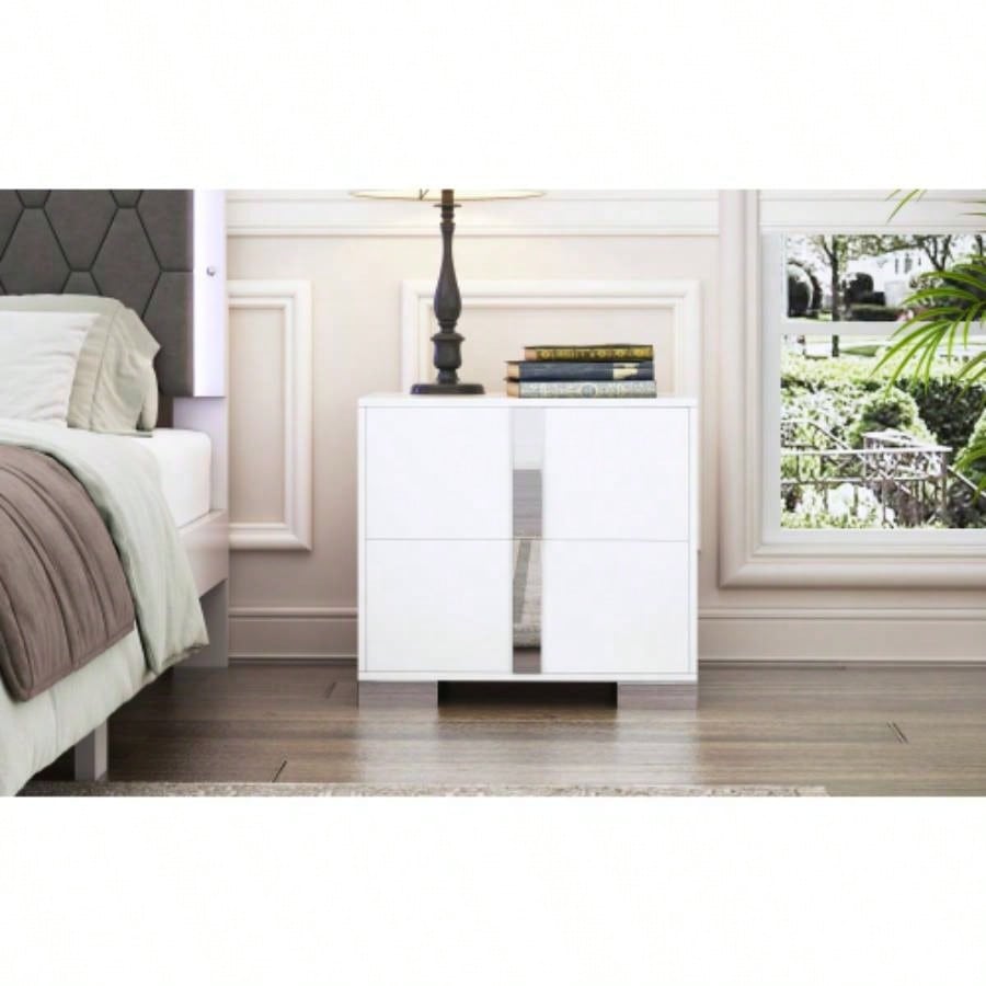 Elegant Nightstand with Metal Handle, Mirrored Bedside Table with 2 Drawers Bedroom, Living Room, White Old SKU: WF319353AAK