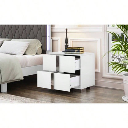 Elegant Nightstand with Metal Handle, Mirrored Bedside Table with 2 Drawers Bedroom, Living Room, White Old SKU: WF319353AAK