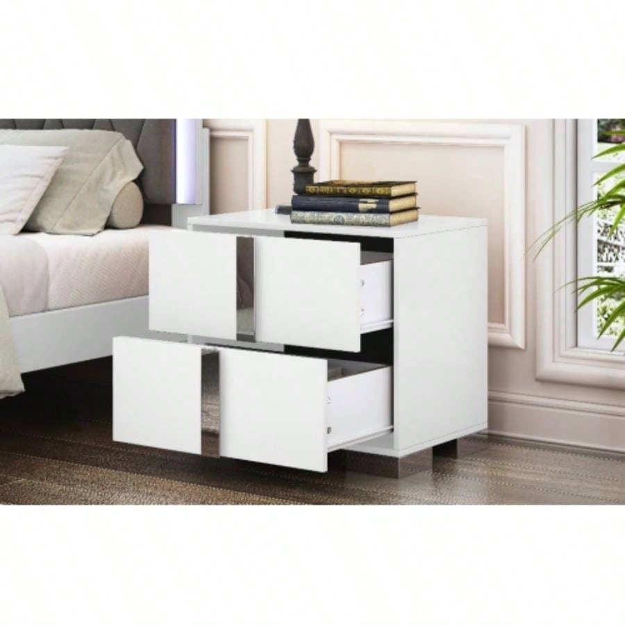 Elegant Nightstand with Metal Handle, Mirrored Bedside Table with 2 Drawers Bedroom, Living Room, White Old SKU: WF319353AAK