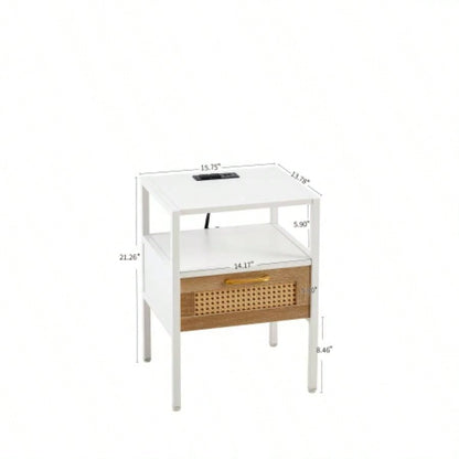 Set of 2, 15.75 Rattan End table with Power Outlet USB Ports, Modern nightstand with drawer and metal, side table living room, bedroom, white