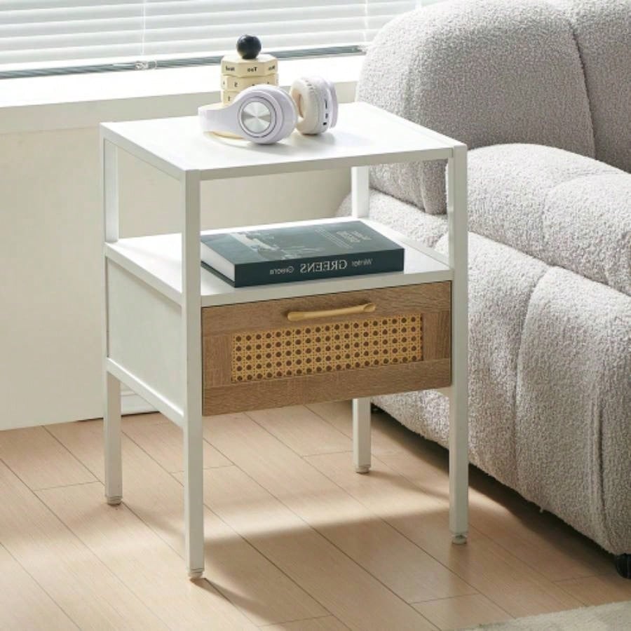 Set of 2, 15.75 Rattan End table with Power Outlet USB Ports, Modern nightstand with drawer and metal, side table living room, bedroom, white