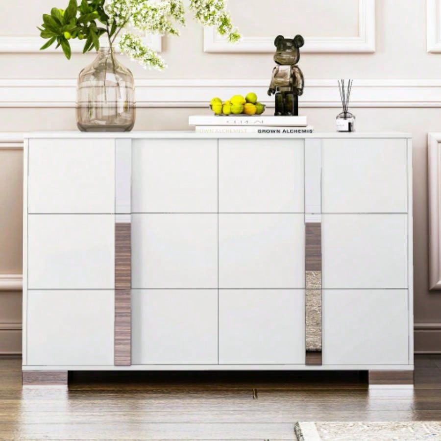 Elegant Nightstand with Metal Handle, Mirrored Bedside Table with 2 Drawers Bedroom, Living Room, White Old SKU: WF319353AAK