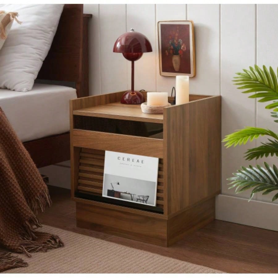 Mid Modern Nightstand with Charging Station and LED lights, Night Stand with 2 Drawers, Bedside Tables/End Table Bedroom or Living Room, Brown