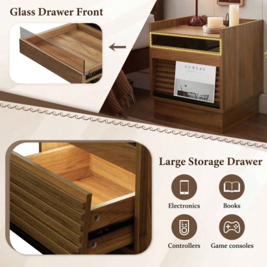 Mid Modern Nightstand with Charging Station and LED lights, Night Stand with 2 Drawers, Bedside Tables/End Table Bedroom or Living Room, Brown
