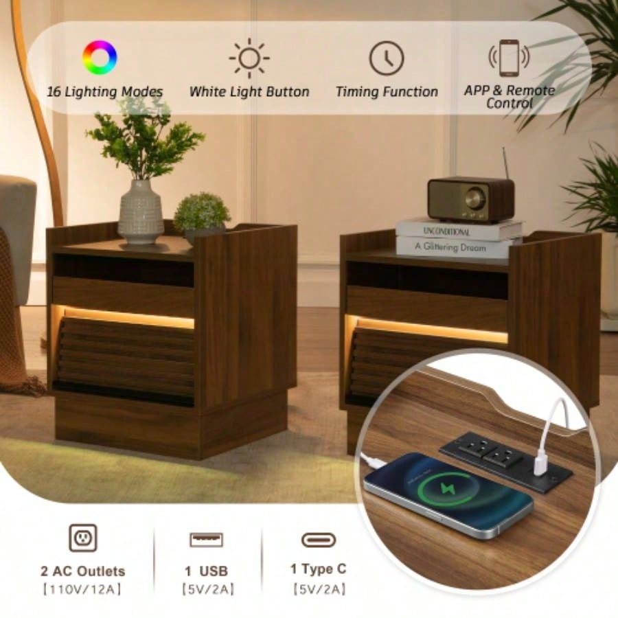 Mid Modern Nightstand with Charging Station and LED lights, Night Stand with 2 Drawers, Bedside Tables/End Table Bedroom or Living Room, Brown