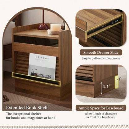 Mid Modern Nightstand with Charging Station and LED lights, Night Stand with 2 Drawers, Bedside Tables/End Table Bedroom or Living Room, Brown